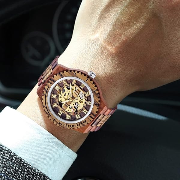 Men's Wooden Watch Triangle Skeleton Automatic Watch Mechanical Wood Watches for Men Red